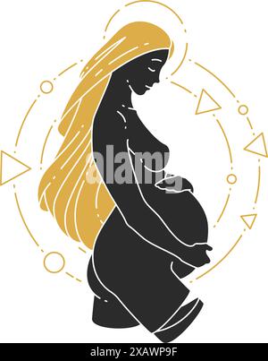 Immagine vettoriale di una donna incinta che abbraccia la silhouette del ventre. Boho donna incinta disegno per poster e logo madre decorazione emblema o. Illustrazione Vettoriale