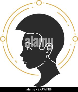 Immagine vettoriale della silhouette del viso di donna con i capelli. Boho Magic Drawing femminile per poster e logo mistico, decorazioni o stampe alla moda. Illustrazione Vettoriale