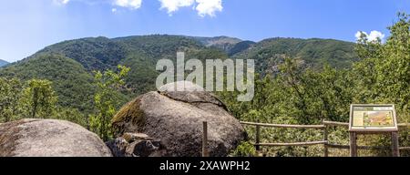 Panorámica de la ruta a los Pilones, en el Valle del Jerte, en la Garganta de los Infiernos. La vegetación es abundante. Cáceres, España Foto Stock