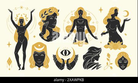 Le illustrazioni vettoriali di donne femminili graziose e i simboli esoterici. Elementi di design misteriosi e stregonici per la moda Illustrazione Vettoriale