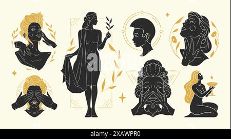 Le illustrazioni vettoriali di donne femminili graziose e i simboli esoterici. Elementi di design misteriosi e stregonici per la moda Illustrazione Vettoriale