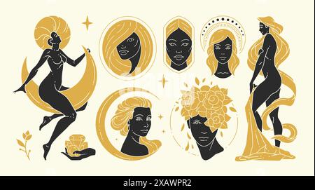 Le illustrazioni vettoriali di donne femminili graziose e i simboli esoterici. Elementi di design misteriosi e stregonici per la moda Illustrazione Vettoriale