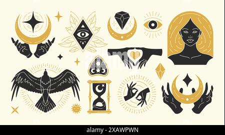 Le illustrazioni vettoriali di donne femminili graziose e i simboli esoterici. Elementi di design misteriosi e stregonici per la moda Illustrazione Vettoriale