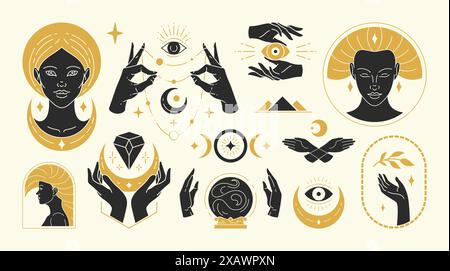Le illustrazioni vettoriali di donne femminili graziose e i simboli esoterici. Elementi di design misteriosi e stregonici per la moda Illustrazione Vettoriale