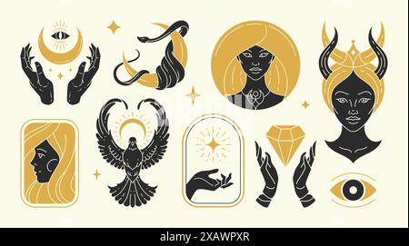 Le illustrazioni vettoriali di donne femminili graziose e i simboli esoterici. Elementi di design misteriosi e stregonici per la moda Illustrazione Vettoriale