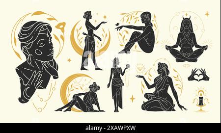 Le illustrazioni vettoriali di donne femminili graziose e i simboli esoterici. Elementi di design misteriosi e stregonici per la moda Illustrazione Vettoriale