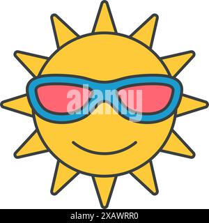 Moda giallo sole carattere in occhiali da sole con travi pop art style t shirt stampa vettoriale illustrazione piatta. Luminoso sole sorridente persona creativa calore Illustrazione Vettoriale