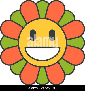 Divertente personaggio sorridente camomilla con petali multicolore pop art t shirt stampa groovy decorativo disegno vettoriale illustrazione cartoon. Carino Daisy bota Illustrazione Vettoriale
