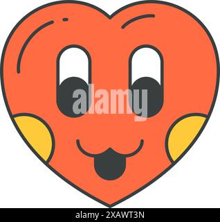 Divertente carino rosso cuore carattere volto mostrando lingua emotivo positivo vettore illustrazione cartoon. Allegro sorriso simbolo di amore pop art t shirt stampa Illustrazione Vettoriale