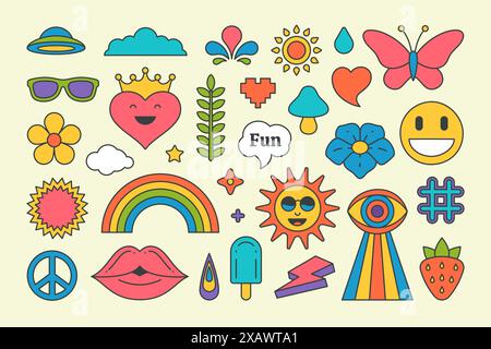 Collezione multicolore vintage pop art adesivi elementi decorativi design vettoriale illustrazione. Set groovy stile sole, occhiali da sole, nuvola, cappello, arcobaleno Illustrazione Vettoriale