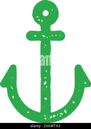 Antico tassello verde disegnato a mano con foro per appendere disegno decorativo grunge texture illustrazione vettoriale. Vintage marino simbolo di mare nautico Illustrazione Vettoriale