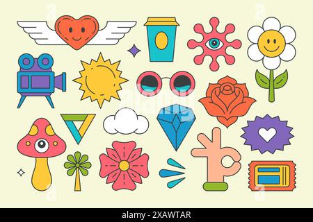 Collezione decorativo pop art elementi grafici groovy style t shirt stampa design vettoriale illustrazione cartoon. Set estate viaggio vacanza hippie sungla Illustrazione Vettoriale