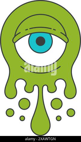 Verde liquido alieno fusione germe microbus con occhio pop arte grovy stile t shirt stampa decorativo design vettoriale illustrazione cartoon. Goccia di gelatina gocciolata Illustrazione Vettoriale