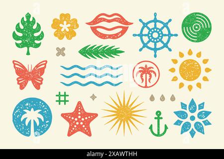 Simboli e oggetti estivi impostano un'illustrazione vettoriale. Le labbra gioiose sorridono con sole luminoso e foglie tropicali. Farfalla e stelle marine. Volante e. Illustrazione Vettoriale