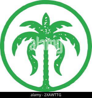 Semplice cerchiato logo verde palma naturale con lusso fogliame foglie vintage design grunge texture vettoriale illustrazione. Logotipo arrotondato monocromatico Illustrazione Vettoriale