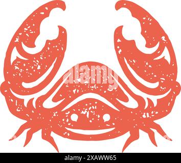 Divertente granchio rosso con occhi, sorriso e artigli disegno decorativo monocromatico grunge texture vettoriale illustrazione. Semplice creatura di mare carina con bambino di pinza Illustrazione Vettoriale