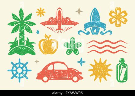 Simboli e oggetti estivi impostano un'illustrazione vettoriale. Autovettura con volante e mela matura. Stelle d'onda simbolo con sole luminoso. Lettera Illustrazione Vettoriale
