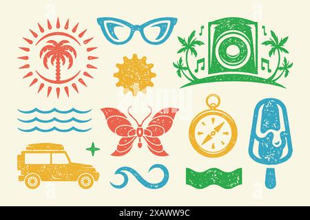 Simboli e oggetti estivi impostano un'illustrazione vettoriale. Palme tropicali al sole e jeep per viaggiare. Farfalla aperta con bussola e gelato fresco. Illustrazione Vettoriale