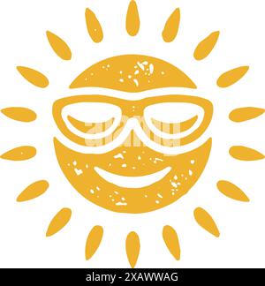 Cute giallo sole sorridente viso indossare occhiali da sole con raggi luminosi decorativo design grunge texture vettoriale illustrazione. Divertente simbolo di carattere soleggiato di Illustrazione Vettoriale