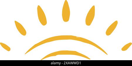 Cute minimalista forma arco sole e luminoso giallo travi infantile mano disegnato grunge texture illustrazione vettoriale. Monocromatico semplice mezzo sole simbolo di Illustrazione Vettoriale