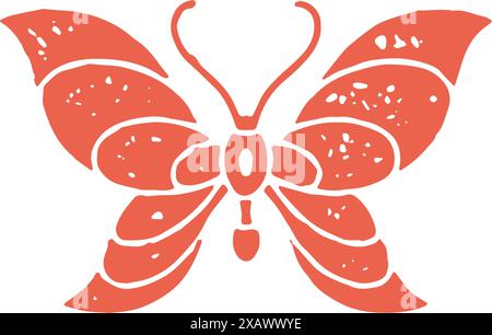 Bella farfalla creativa ornata con baffi antenna estate primavera simbolo grunge texture decorativo disegno vettoriale illustrazione. Carino flying winge Illustrazione Vettoriale