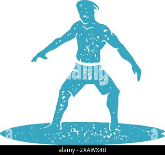 Abile surfista maschile equitazione su surf board godendo di sport acquatici hobby estremo attività ricreativa grunge texture illustrazione vettoriale. Professionale Illustrazione Vettoriale