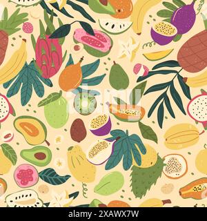 Frutti tropicali senza cuciture. Cibo dolce esotico con sfondo senza fine. Copertina ripetuta per ananas, guava, dragonfruit e papaya. V Illustrazione Vettoriale
