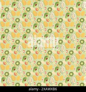 Vari motivi di frutta tropicale senza cuciture. Fette esotiche, tagliate a metà, frutta intera ripetono lo sfondo. Illustrazione piatta disegnata a mano dal vettore. Illustrazione Vettoriale