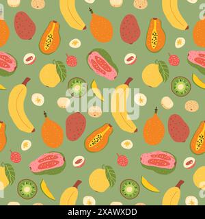 Frutti tropicali senza cuciture. Banana, kiwi, guava granadilla e papaya con litchi. Cibo dolce esotico ripetuto sfondo. Vettore disegnato a mano piatto i Illustrazione Vettoriale