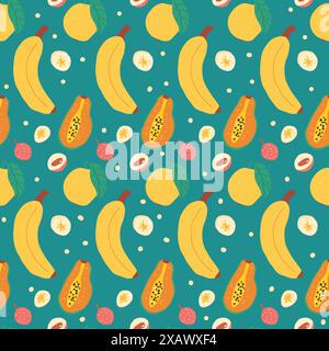 Fondo di frutta tropicale senza cuciture. Ripetizione di banana, papaya, guava e litchi. Illustrazione piatta disegnata a mano dal vettore. Illustrazione Vettoriale