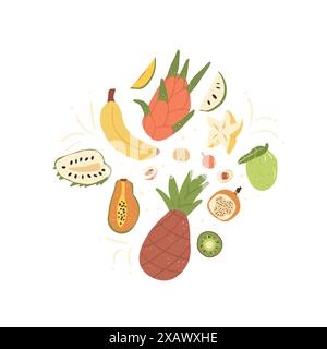 Composizione di frutti tropicali isolata su sfondo bianco. Set di dolci esotici illustrazione della collezione piatta disegnata a mano da Vector. Illustrazione Vettoriale