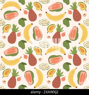 Frutti tropicali senza cuciture. Banane, ananas, guanabana, fette di mango e frutta intera. Illustrazione piatta disegnata a mano dal vettore. Illustrazione Vettoriale