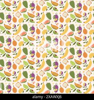 Frutti tropicali senza cuciture. Dessert dolce esotico, sfondo infinito. Illustrazione piatta disegnata a mano dal vettore. Illustrazione Vettoriale