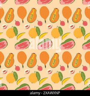 Mezze fette mature tropicali e frutti interi ripetono lo sfondo. Papaya, guava e litchi senza cuciture. Illustrazione piatta disegnata a mano dal vettore. Illustrazione Vettoriale