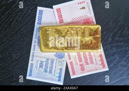 Stoccolma, Svezia - 15 maggio 2024: Banconote da cento milioni di dollari e dieci milioni di dollari dello Zimbabwe con lingotto d'oro. Foto Stock