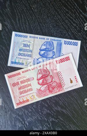 Stoccolma, Svezia - 15 maggio 2024: Banconote da cento milioni di dollari e dieci milioni di dollari dello Zimbabwe. Foto Stock