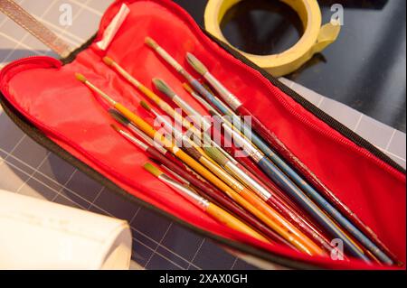 Pennelli assortiti disposti in modo ordinato in una custodia rossa posizionata su un tavolo da lavoro, pronti per l'uso in un'officina d'arte o in classe. Perfetto per artisti, studenti, Foto Stock