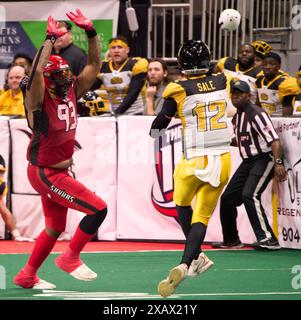 Jacksonville, Florida, Stati Uniti. 8 giugno 2024. Indoor Football League, Jacksonville Sharks vs Tulsa Oilers. Oilers QB Andre sale (12) passa verso l'endzone con Sharks DL Ulric Jones (93) che lo porta giù. Foto: Tim Davis/Alamy Live News Foto Stock