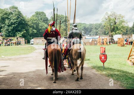 Castello di Červený Kameň, Slovacchia - 25 maggio 2024: Persone in abiti medievali evento di rievocazione storica. Le ricostruzioni forniscono informazioni preziose su Foto Stock