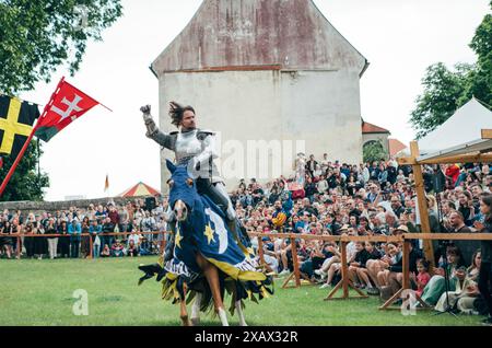 Castello di Červený Kameň, Slovacchia - 25 maggio 2024: Persone in abiti medievali evento di rievocazione storica. Le ricostruzioni forniscono informazioni preziose su Foto Stock