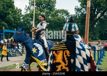 Castello di Červený Kameň, Slovacchia - 25 maggio 2024: Persone in abiti medievali evento di rievocazione storica. Le ricostruzioni forniscono informazioni preziose su Foto Stock