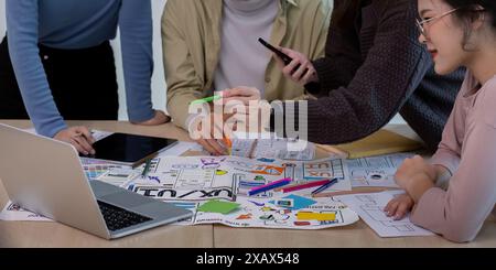 Sessione di brainstorming del team di Creative UX Developer e UI Designer con dispositivi digitali e schizzi di progettazione per soluzioni innovative per l'esperienza utente Foto Stock