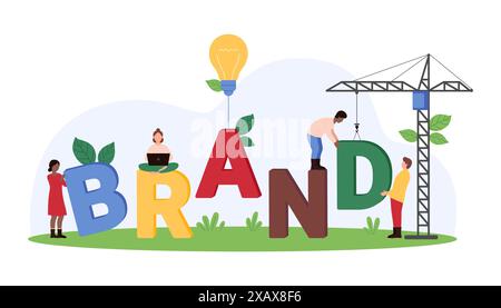 Creazione di una strategia di marketing di successo per il marchio o l'azienda, idea di branding creativa. Piccole persone e gru da costruzione costruiscono la parola del marchio, lampadina che porta lettera illustrazione vettoriale del cartone animato Illustrazione Vettoriale