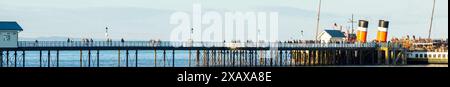 Penarth, Galles, 8 giugno 2024: Una foto panoramica di PS Waverley al Penarth Pier, l'ultimo piroscafo a pale in navigazione al mondo Foto Stock