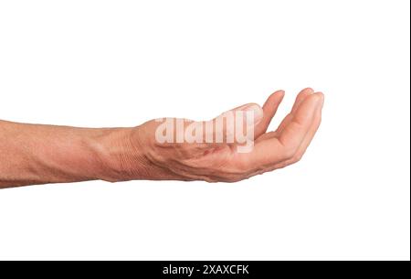 Aprire la mano del palmo a forma di tazza, isolata su sfondo bianco. Gesti che indicano l'offerta o la presentazione, ideali per il supporto e i concetti di regalo. Primo piano Foto Stock