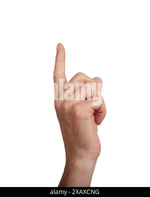 Mano rivolta verso l'alto con il dito indice, isolata su bianco. Gesti che indicano il tocco o la selezione, ideali per la navigazione e i concetti interattivi. Primo piano Foto Stock