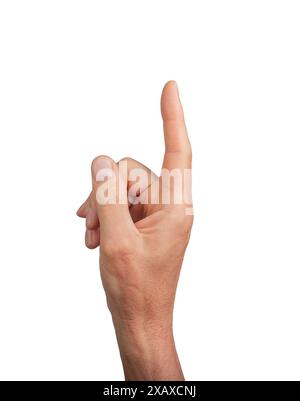 Mano rivolta verso l'alto con il dito indice, isolata su bianco. Gesti che indicano il tocco o la selezione, ideali per la navigazione e i concetti interattivi. Primo piano Foto Stock