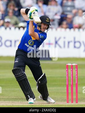 Bristol, Regno Unito, 9 giugno 2024. Daniel Hughes del Sussex batte durante il Vitality Blast match T20 tra Gloucestershire e Sussex Sharks. Crediti: Robbie Stephenson/Gloucestershire Cricket/Alamy Live News Foto Stock