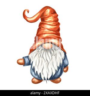 Caduta di Gnome in cappello conus. Nani magici nordici. Illustrazione ad acquerello disegnata a mano isolata. Grazioso elfo cartoni animati per l'arredamento autunnale e il Ringraziamento, bambini pr Foto Stock