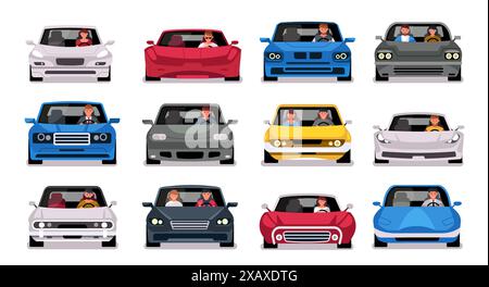 Vista frontale delle persone in auto. I personaggi dei cartoni animati viaggiano in auto diverse, viaggiano con la famiglia, guidano uomini e donne in auto, illustrano il trasporto in piano Illustrazione Vettoriale